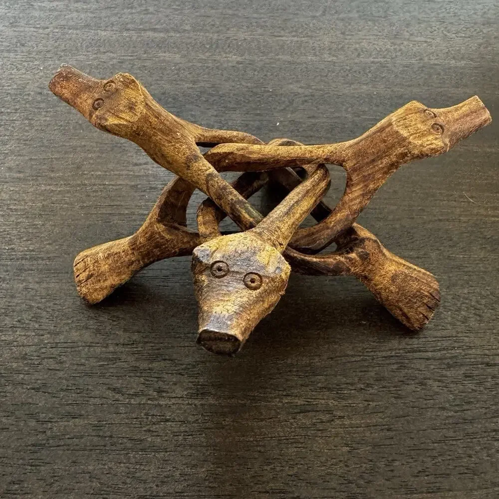 Vintage Hand Carved Interlocking Wooden Stand Bowl Plant Stand Tripod Artisan
